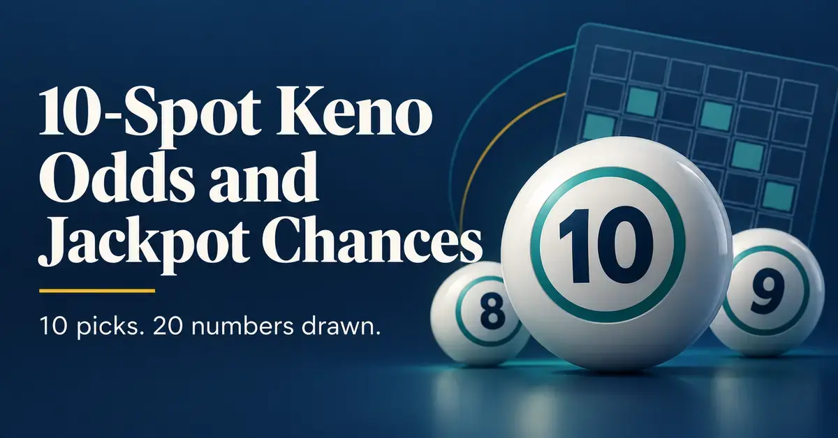 Keno balls numbered 8, 9 and 10 beside a ticket grid and the headline “10-Spot Keno Odds and Jackpot Chances”.