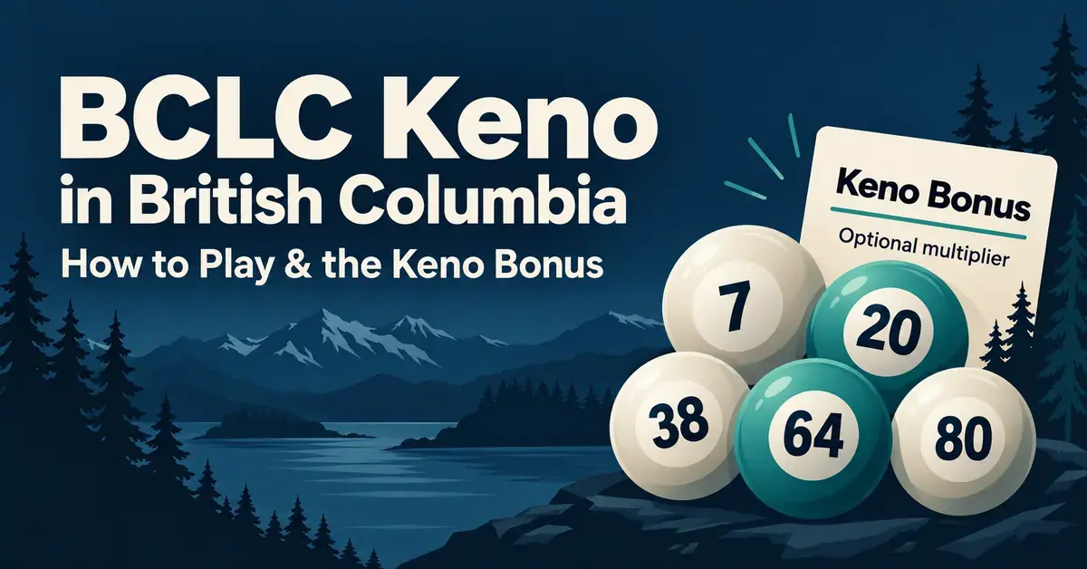 Graphic introducing BCLC Keno in British Columbia, with numbered keno balls and an optional Keno Bonus multiplier card against a mountain and forest backdrop.