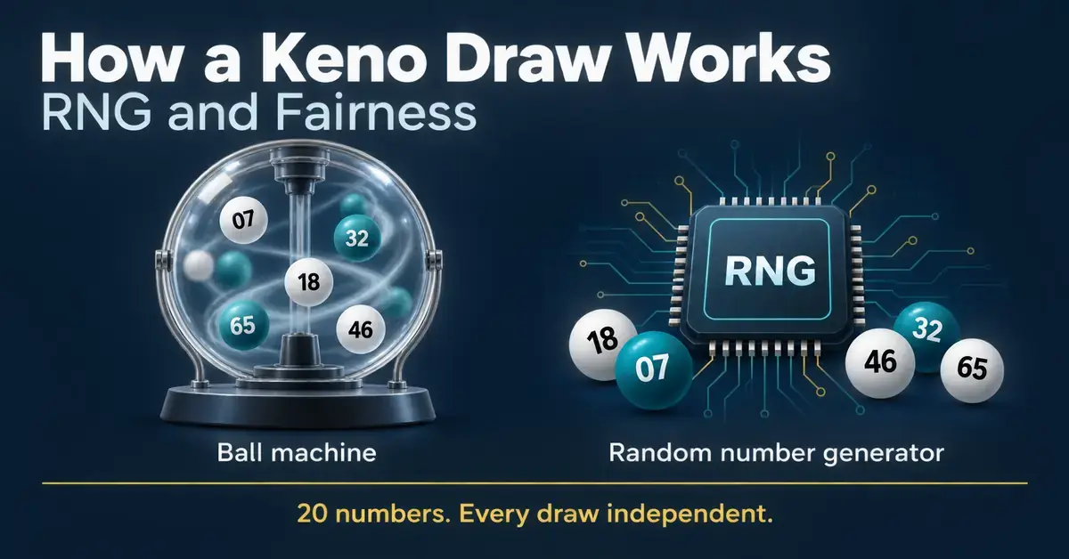 Illustration of a keno ball machine and a random number generator, with numbered balls and text explaining that 20 numbers are drawn and every draw is independent.