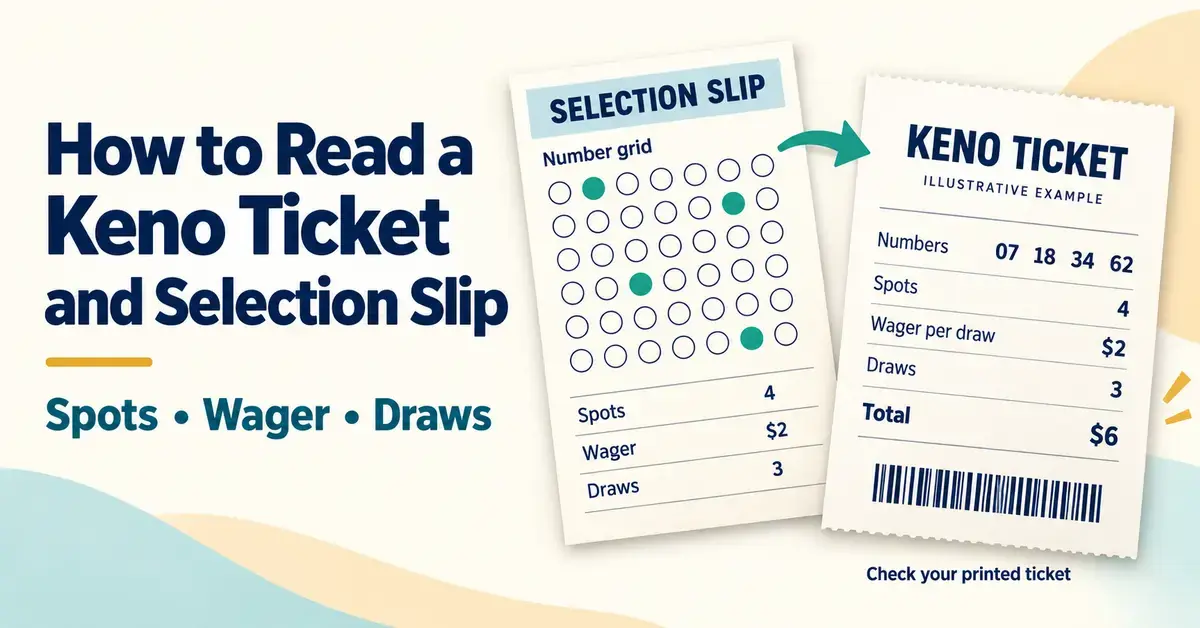 Illustrated keno selection slip and printed ticket showing four selected spots, a $2 wager per draw, three draws and a $6 total.