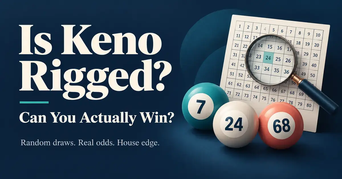 Numbered keno balls and a magnifying glass over a keno ticket accompany the title “Is Keno Rigged? Can You Actually Win?” and a note about random draws, real odds and the house edge.