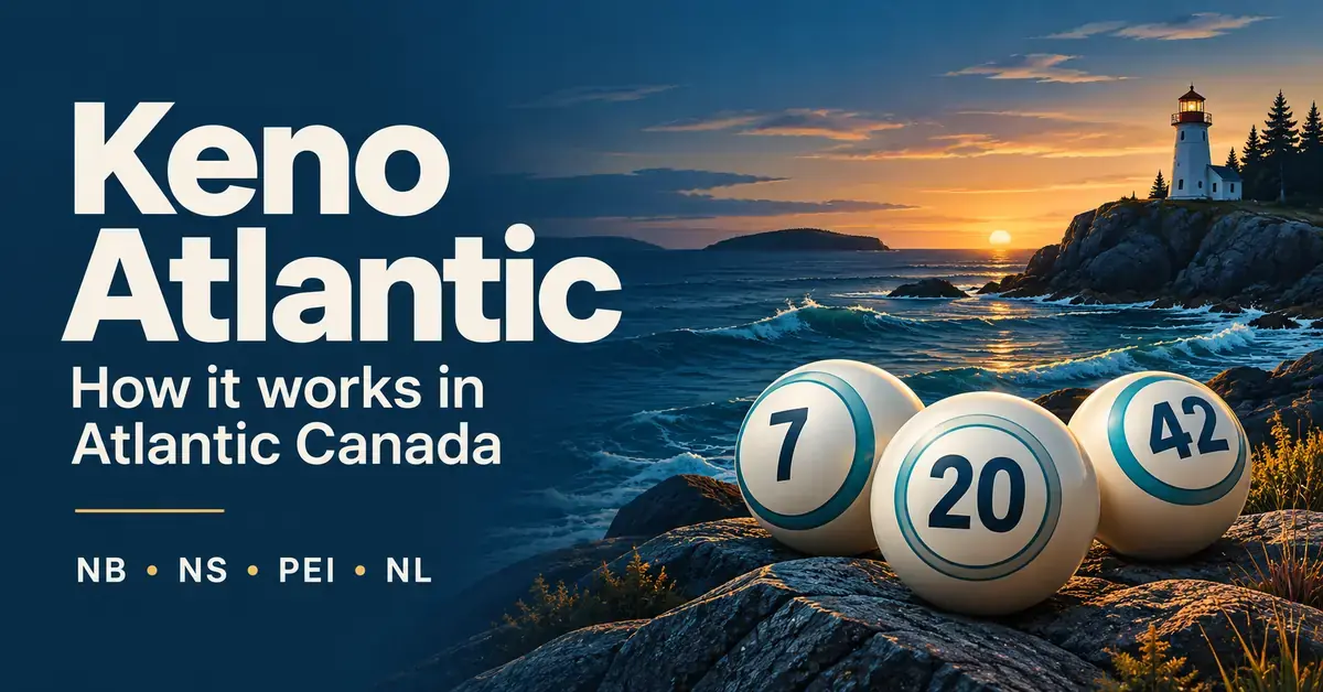 Keno Atlantic graphic with numbered keno balls beside an Atlantic coastal lighthouse at sunset and text introducing how the game works in Atlantic Canada.