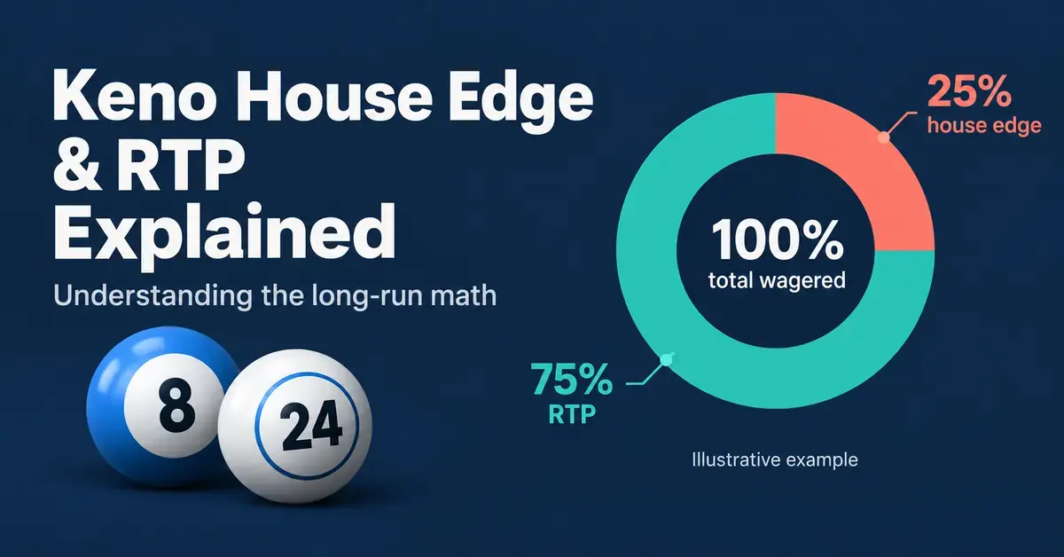 Keno balls beside a doughnut chart illustrating how a 25% house edge and 75% return to player (RTP) add up to 100% of the total amount wagered.