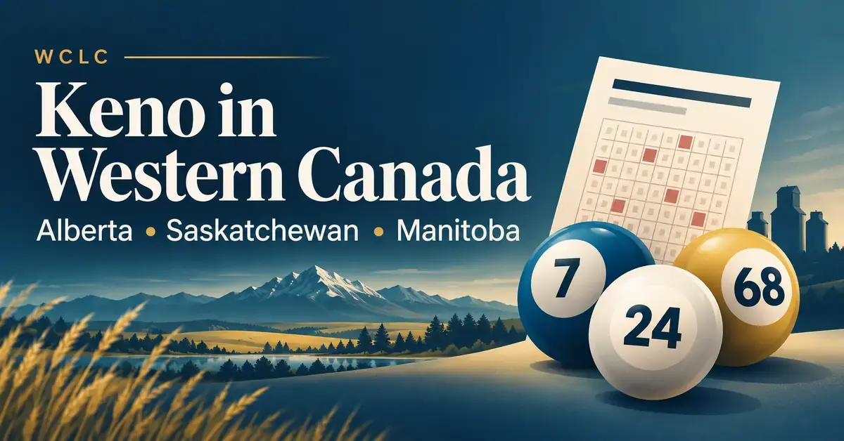 Keno in Western Canada graphic featuring a lottery ticket and numbered balls against a prairie and mountain landscape, with Alberta, Saskatchewan and Manitoba named.
