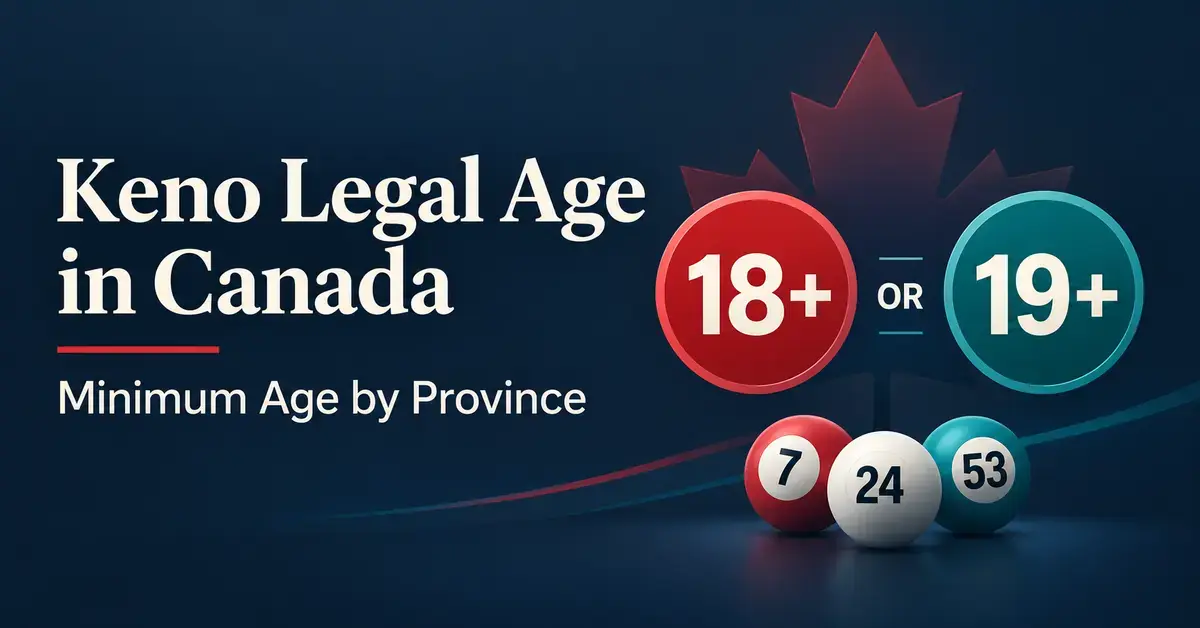 Graphic showing minimum keno ages of 18 or 19 in Canada, with a maple leaf and numbered keno balls.