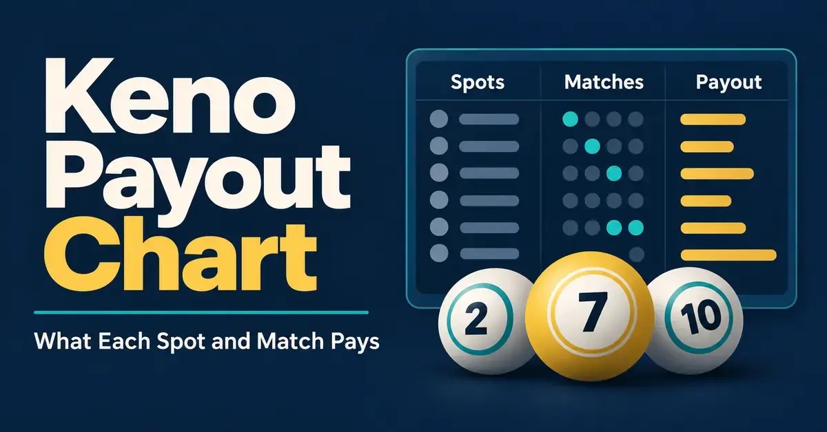 Keno payout chart graphic with spots, matches and payout columns beside lottery balls numbered 2, 7 and 10 on a navy background.