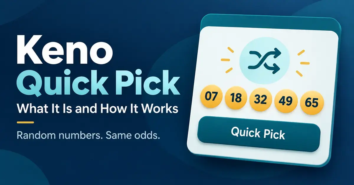 A Keno Quick Pick graphic shows a shuffle icon and five randomly selected numbers, explaining that automatic picks have the same odds as numbers chosen by hand.