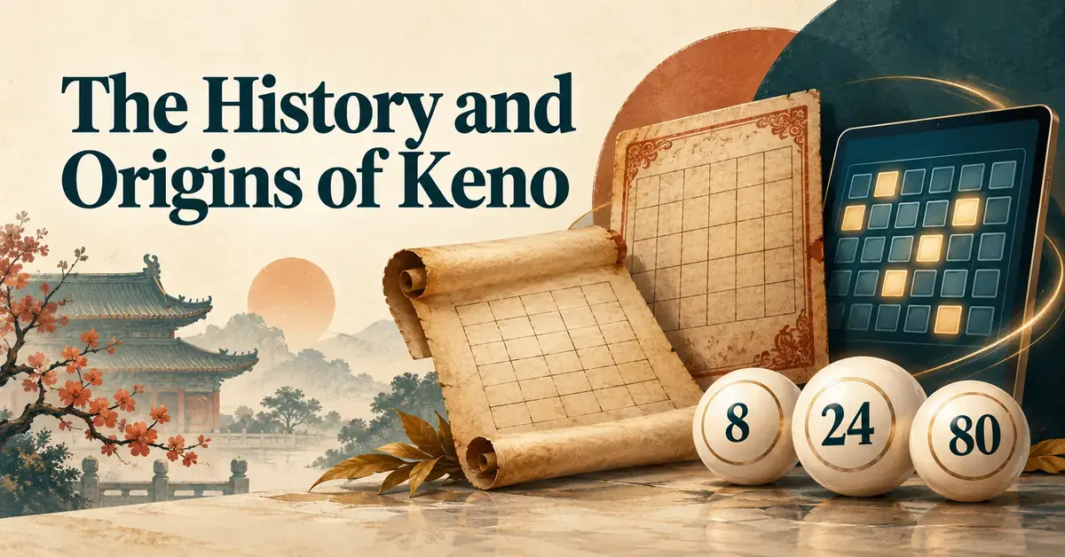 Illustration titled “The History and Origins of Keno” with traditional Chinese architecture, antique lottery sheets, a modern game screen and numbered keno balls.