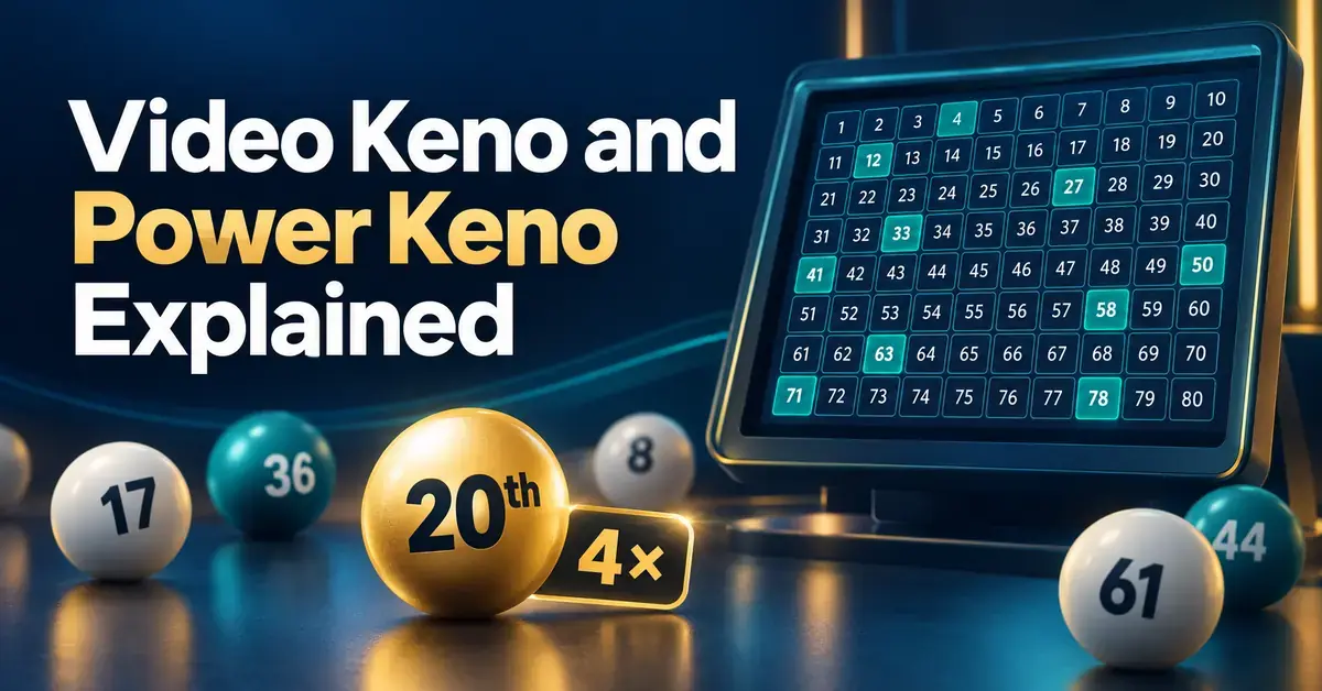 Video Keno and Power Keno Explained graphic featuring an electronic keno number grid, numbered balls, and a gold 20th ball beside a 4× multiplier.